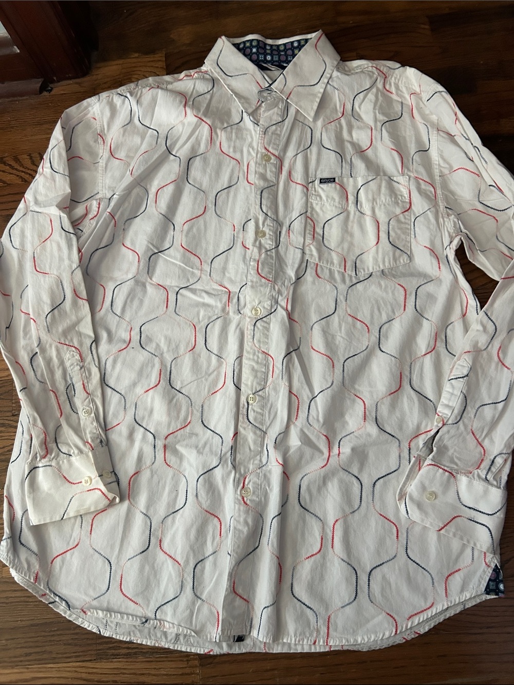 Enyce White Button-Down Shirt with Red & Navy Wave Print